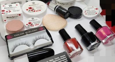 Elegant Beautyesh Deal 1 Face Powder , Loose Powder , Cake Liner , False Eyelash Red Lipstick , Makeup Base & 3 Surprise Nail Polishes