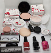 Elegant Beautyesh Deal 1 Face Powder , Loose Powder , Cake Liner , False Eyelash Red Lipstick , Makeup Base & 3 Surprise Nail Polishes