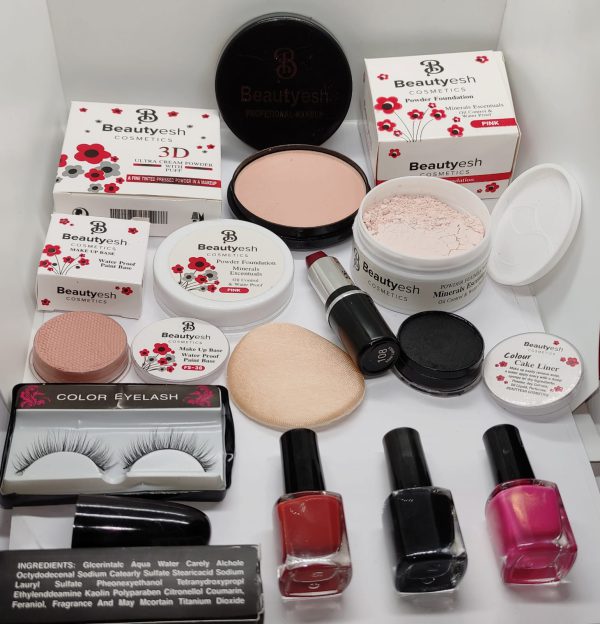 Elegant Beautyesh Deal 1 Face Powder , Loose Powder , Cake Liner , False Eyelash Red Lipstick , Makeup Base &amp; 3 Surprise Nail Polishes